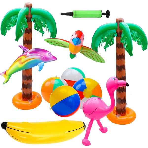 LATERN 11Pcs Inflatable Palm Tree Inflatable Flamingos Parrot Dolphin Banana Beach Balls Toys for Hawaii Party Decor Luau Party Backdrop - with Air Pump