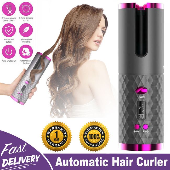 Rizador pelo LCD Cerámica Inalámbrico USB Rotación automática Waver Curling Iron