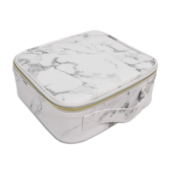 Marble Leather Travel Makeup Case PU Leather Professional Cosmetic Train Cases Artist Storage Bag Make Up Tool Boxes Brushes Bags with Compartments Waterproof Detachable Vanity Organizer(White)