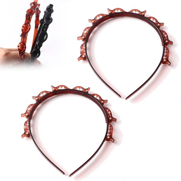 2PCS Frauen Doppelschicht Twist Zopf Stirnband Haarwerkzeuge, Haarnadel Stirnbänder für Frauen, Twist Clip Stirnband mit gezahnten Haarbändern Braid Tool (Braun)