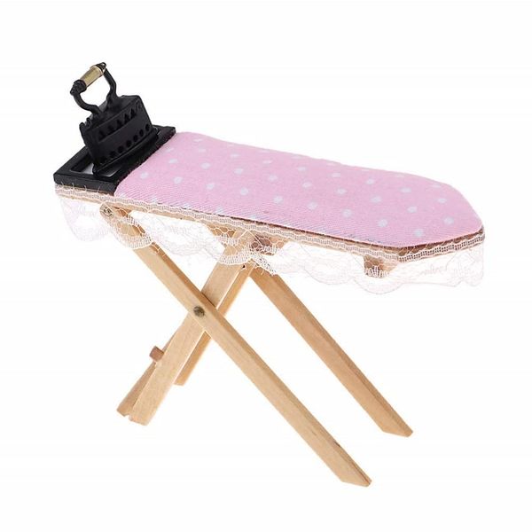 Dollhouse Furniture 1:12 Scale Miniatures Accessories Ironing Board Set Wooden Furniture Model Miniature Room Artificial House Decor Life Scene Ornament (Pink)