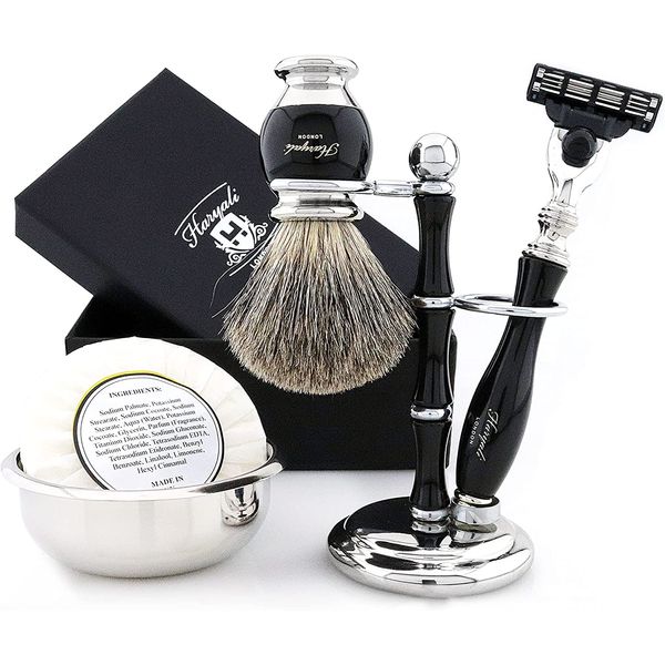 Haryali London Mens Shaving Set – 5 Pc Shaving Kit – 3 Edge Shaving Blade Shaving Razor - Best Badger Shaving Brush – Shaving Soap – Shaving Bowl – Shaving Stand – Black Color Shaving Set as Gift