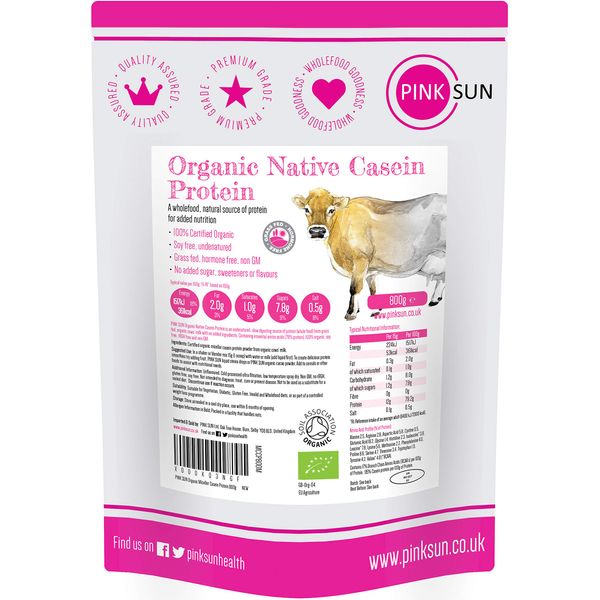PINK SUN Organic Casein Protein Powder 800g Pure Native Micellar Grass Fed Soy Free Gluten Free Unflavoured Vegetarian No Added Sugar Unsweetened Undenatured Certified Bio UK