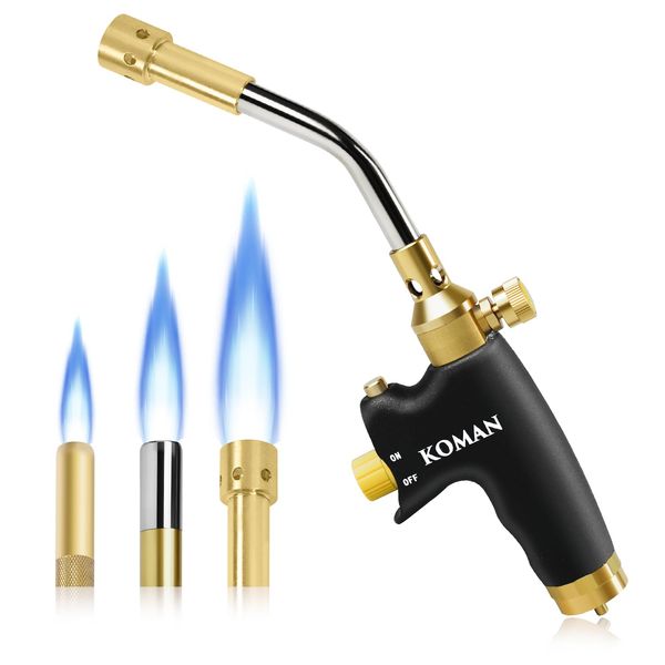 KOMAN Propane Torch Head Kit with 3 Nozzles, High Intensity Trigger Start MAPP Gas Torch with Self Ignition, Welding Torch Head by MAPP, MAP/PRO,for Soldering,Brazing,Stripping Paint(CSA Certified)