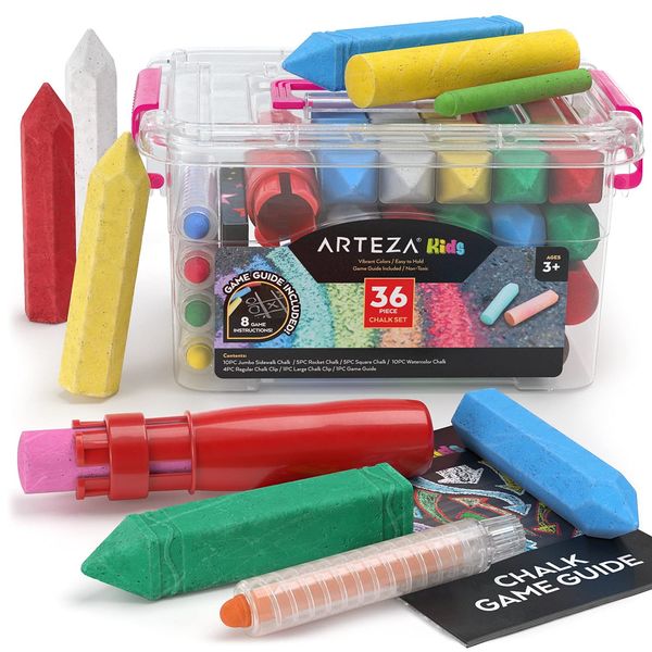 Arteza Kids Sidewalk Chalk, Set of 36, Easy-to-Hold Washable Chalk with Game Guide