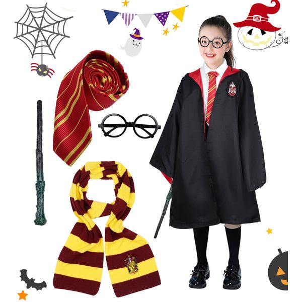 [§y∞yoiyasu] Harry Potter Cosplay, Halloween, Children's Costume, Robe & Glasses, Necktie, Scarf, Magic Wand, Set of 5, Children's Cosplay, Costume, Party, Christmas, School Festival, USJ University,