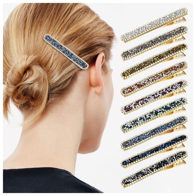 Dizila 9 Pack Decorative Gold Metal Sparkly Crystal Rhinestone Hair Clips Barrettes Hairpins Bang Holders Grips Accessories for Women Girls Teens