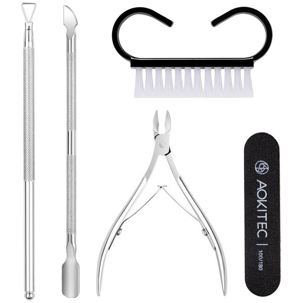 Aokitec Cuticle Trimmer with Cuticle Pusher, 5PCS Professional Stainless Steel Pedicure Manicure Tools Kit with Triangle Nail Polish Scrapper Cuticle Nipper Nail Dust Brush for Fingernails & Toenails