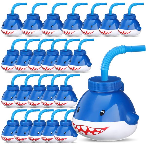 Zubebe Shark Party Decorations 10 oz Shark Cups with Straws Lids Kids Shark Birthday Supplies Plastic Cups Reusable Boys Girls Sippy Cups for Kids Ocean Pool Baby Shower Christmas Party Favor(24 Pcs)