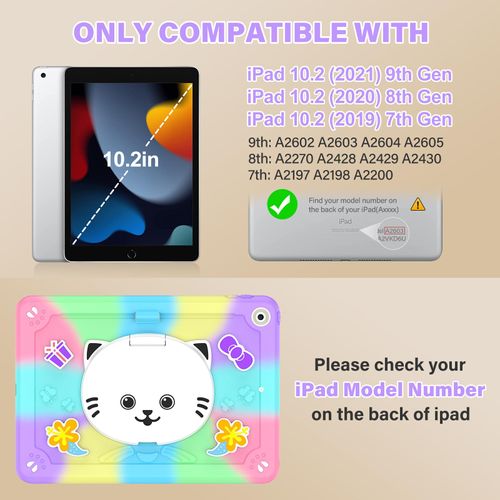 TOMORRY for iPad 9th/8th/7th Generation Case 10.2" with Screen Protector,Cute Cat Stand,Penci Holder Shoulder Strap,Shockproof Protective Case for iPad 10.2 inch 2021/2020/2019 Kids Girls (Colourful)