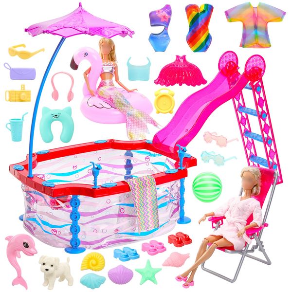 BARWA Doll Pool Playset Clothes and Accessories Includes Pool Party Set with Slide and Umbrella, 4 Set Swimsuit, Mermaid Tail, 3 Slipper, Pool Float, Beach Chair Swimming Pool Toys for 11.5 Inch Dolls