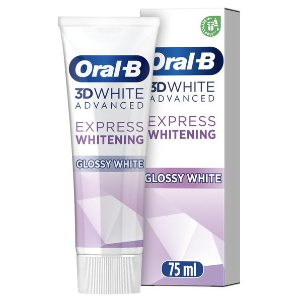 Oral-B 3D White Advanced Toothpaste, Express Whitening, Glossy White, 75 ml, Teeth Whitening & Teeth Stain Removal, Eucalyptus Flavour