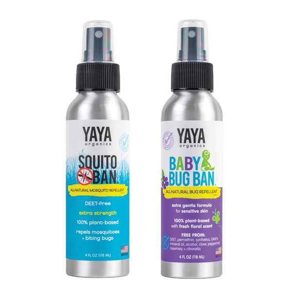 YAYA Organics Squito Ban + Baby Bug Ban Duo Pack | Deet-Free, All Natural Insect Repellents for Kids and Babies | 4 oz (Pack of 2)