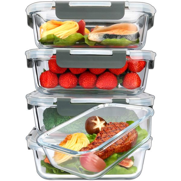 M MCIRCO [5-Packs, 36 Oz Glass Meal Prep Containers with Snap Locking Lids Glass Food Containers,Airtight Lunch Container,Microwave, Oven, Freezer and Dishwasher (4.5 Cup)