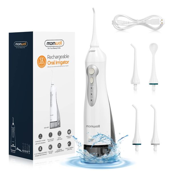 Mornwell Munddusche Kabellos für Zähne Tragbar Oral Irrigator Elektrische Zahnreiniger 330ML 3 Modi 4 Jet-Tipps Tiefenreinigung Hilft beim USB