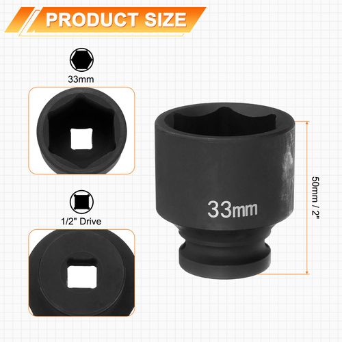 HARFINGTON 6 Point Impact Socket 33mm Metric Socket 1/2" Square Drive 2" (50mm) Long Phosphated Cr-Mo Steel Spindle Axle Hex Nut Sockets, Black