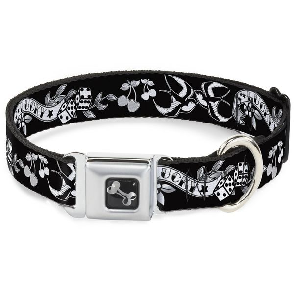 Buckle-Down Dog Collar Seatbelt Buckle Lucky Black White, 1" Wide - Fits 9-15" Neck - Small (DC-W31216-S)