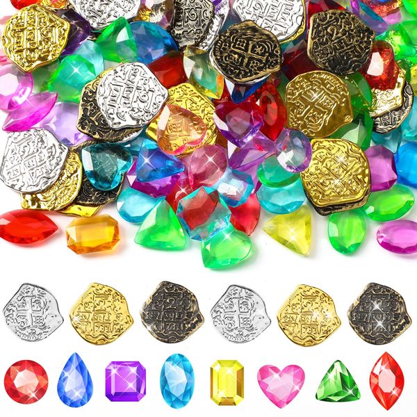 MARFOREVER 180 PCS Pirate Treasure Pool Gems Toys - Dive Toys Set 120 Pool Gems Diamonds and 60 Plastic Gold Coins Summer Throw Diving Toys for Boys Girls Water Beach Sand Pirate Party Supplies Favors