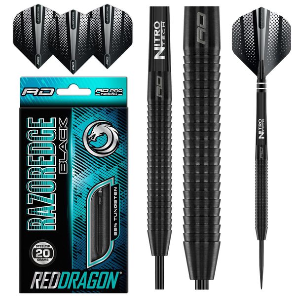 RED DRAGON Razor Edge Black 20g - Tungsten professional steel tip darts set with Dart Flights and Dart Shafts (stems)