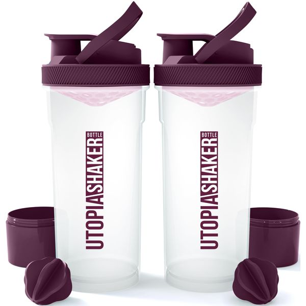 Utopia Home Shaker Bottle 2 Pack - 24 Ounce Plastic Protein or Cocktail Shaker Bottle for Pre & Post workout with Twist & Lock Protein Box Storage (Clear/Plum)