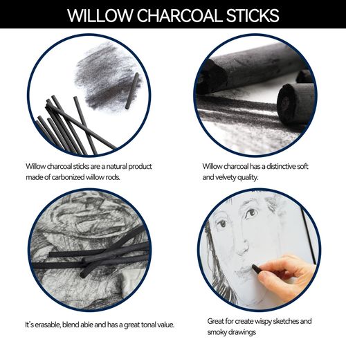 PANDAFLY Willow Charcoal Sticks, Soft, Black Artist Vine Charcoal for Artists, Beginners, Students, Great for Sketching, Drawing, Shading and Fine Art, 7-9mm, 25 Pack