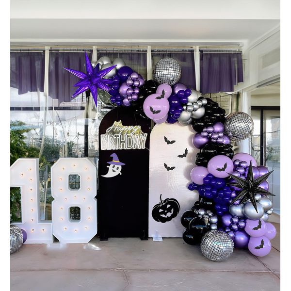 Halloween Purple and Black Silver Balloon Garland Arch Kit 132pcs withe Starburst disco ball Foil Balloons for girl 15/16th birthday New Year Wedding Prom Halloween Party Decoration