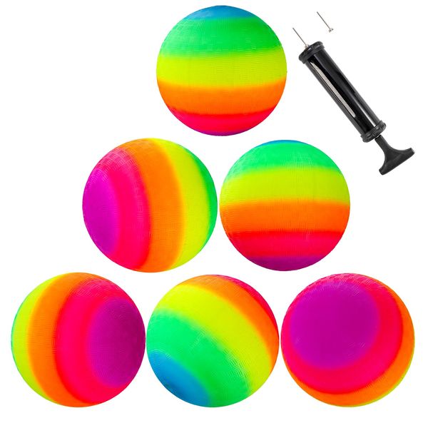 Lawei 6 Pack Rainbow Playground Balls, 8.5 Inch Soft Bouncy Ball Set for Kids and Adults, Colorful Rubber Balls with Hand Pump for Kickball, Dodgeball, Handball, Four Square Ball, Schoolyard Games