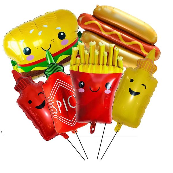 6PCS Hamburger Hot Dog Ketchup Bottles Mustard Bottles Foil Mylar Balloons Food Balloons for Birthday Barbecue Picnic Cookout Fast Food Snacks Themed Party Decorations