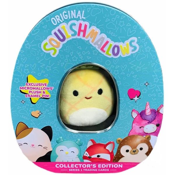 Squishmallows Official Kellytoy Collector's Tin Set with Micromallow Exclusive Pin and Trading Cads Choose Your Favorite or Collect Them All (Maui The Pineapple)