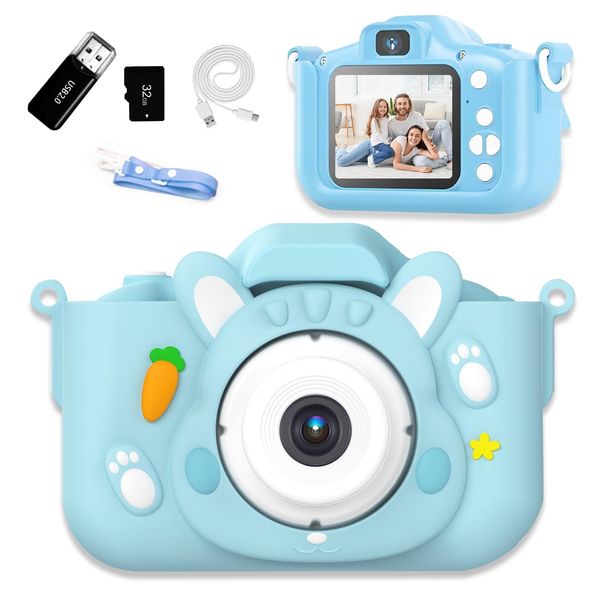 Kids Selfie Camera Toy, Cute Rabbit Toddler Digital Camera for 3-12 Year Old Boys/Girl, Children Video Camcorder Cameras with HD 1080 IPS Screen, Christmas Birthday Festival Gifts, 32GB TF Card (blue)