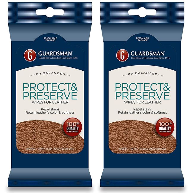 Guardsman Protect & Preserve Wipes for Leather 20 Wipes - Repels Stains, Retains Color and Softness, Great for Leather Furniture & Car Interiors - 2 Pack