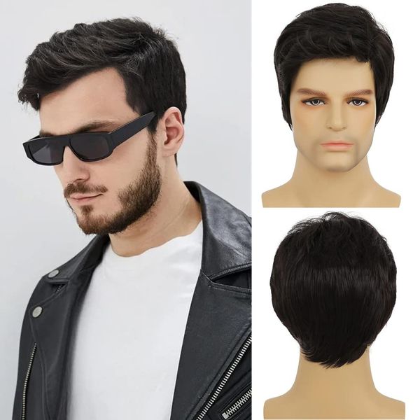 Dai Cloud Black Wigs for Men Short Side Part Natural Layered Fluffy Synthetic Mens Wig for Daily Party Halloween Cosplay with Wig Cap