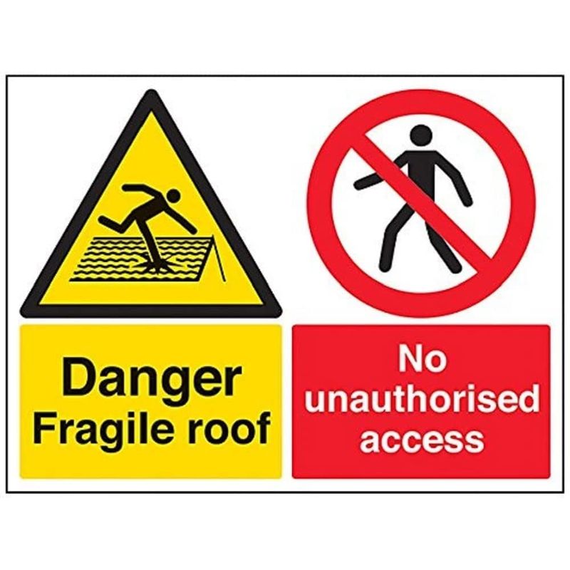 V Safety Danger, Fragile Roof. No Unauthorised Access Warning Sign ...