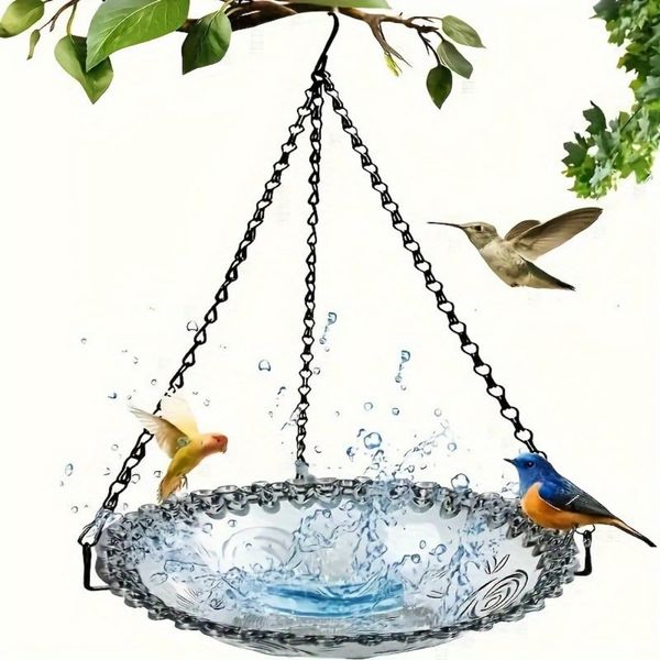 Hanging Bird Bath Outdoor Birdbath Bowl Hanging Bird Feeder Tray for Garden Patio Backyard Decor Gift for Bird Lovers (Blue)