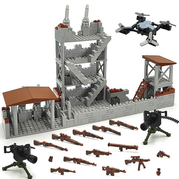 DSPITWOD Military Base Play Set for Army Command Center Battle Accessories Toy, Defence Guard Tower, Drone, Guns Weapons Building Block Toys for Kids 8 10 12 14 Years (Military Base 1)