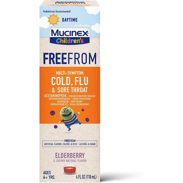 Mucinex Children's COLD, FLU & SORE THROAT Elderberry/Cherry Flavored Syrup, 4OZ