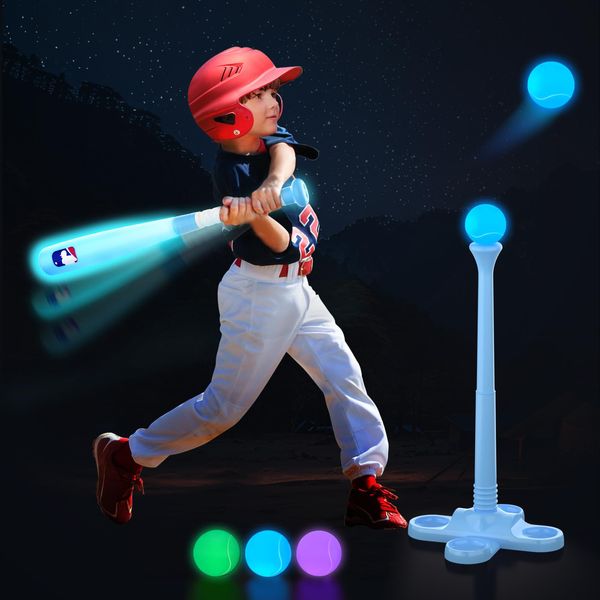 Leshein T Ball Set, Light Up LED Baseball Toys for Kids Toddlers 3-10, Glow in The Dark Tee Ball Set, Rechargeable Portable Outdoor Toys for Barkyard Camping, Hitting Sport Toys for Boys Girls (Blue)