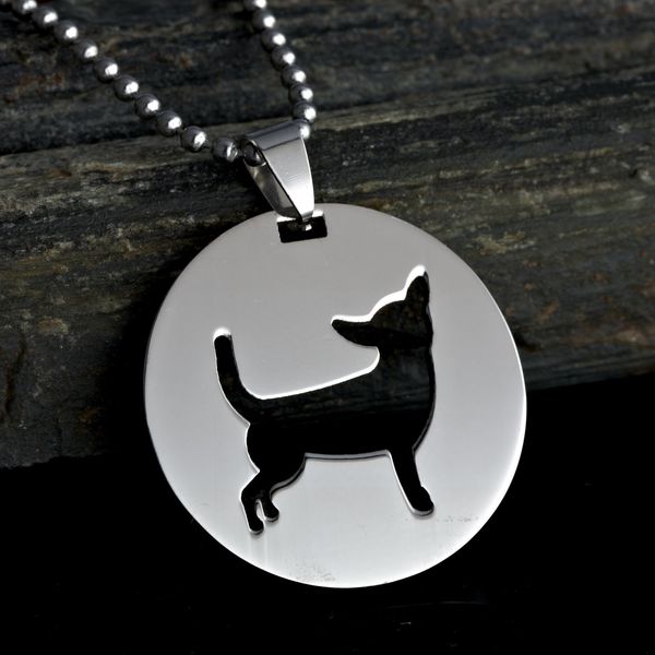 Stainless Steel Round Shape Chihuahua Dog Silhouette Pet Dog Tag Breed Collar Charm Pendant Necklace