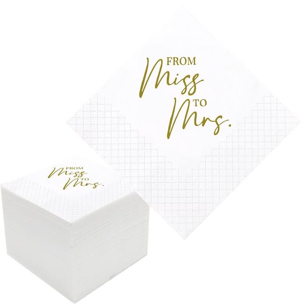 Geloar Bridal Shower Cocktail Napkins, 100 Pack Gold From Miss To Mrs Disposable Paper Napkins for Bridal Shower Engagement Wedding Bachelorette Table Decorations| 2-Ply, 5x5 Inches (From Miss To Mrs)