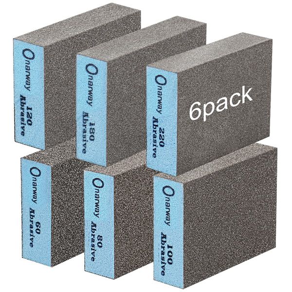 Onarway Sanding Blocks 6 Pack Wet and Dry Dual-use,Sanding Sponges Coarse and Fine - 60/80/100/120/180/220 Grits 6 Different Specifications, Washable and Reusable, Ideal for Wood Metal Wall Polishing