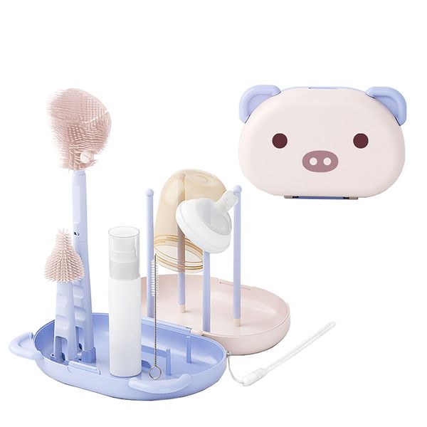 HOEREV Portable baby BPA-free bottle brush set include pacifier brush, straw brush, draining rack, portable box, Pink