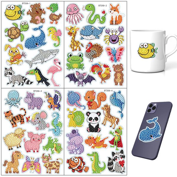 Jodsen 47 Pcs 5D Diamond Painting Stickers,Animal Cartoon DIY Diamond Stickers Painting Kit Printed by Number,Creative Craft Diamond Art Mosaic Sticker for Kids,Boys and Girls,Beginners Fun Gifts (A)