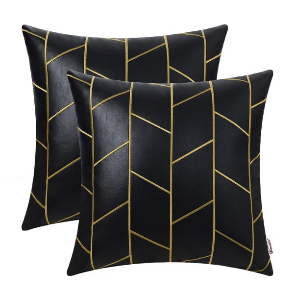 BRAWARM Faux Leather Pillow Covers 20 X 20 Inches, Black and Gold Leather Pillow Covers Pack of 2, Geometric Embroidery Leather Decorative Throw Pillows for Living Room Couch Bed Sofa Home