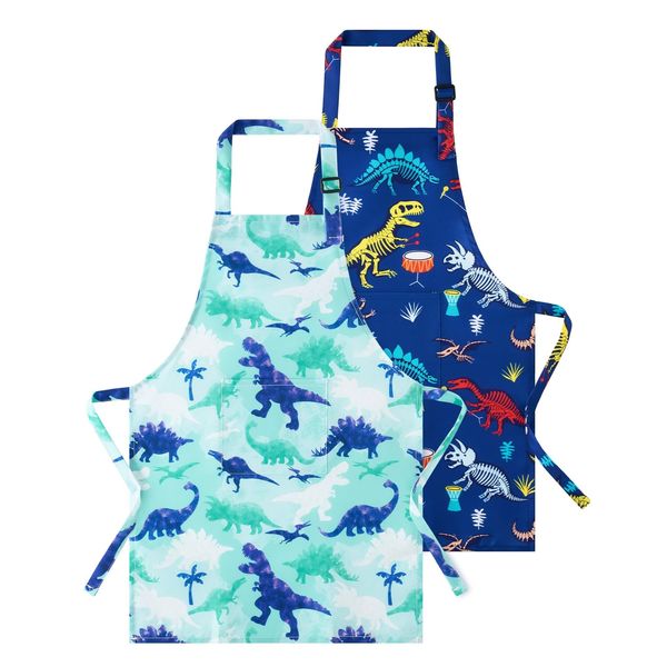 Kids Aprons - 2 Pack Dinosaur Kids Art Aprons for Boys Waterproof Toddler Chef Aprons for Cooking Baking Painting Gardening Adjustable Bib Apron for Kids with Pocket Kitchen Classroom Art Smocks