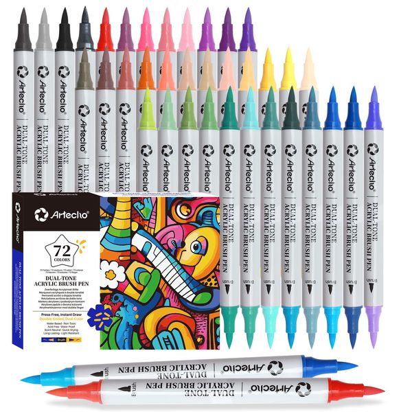 Artecho 72 Farben 36 Stück Acrylstifte Wasserfester Fine Tip Marker mit doppelten Enden für Rock Painting, Glas, Papier, Holz, Ei, Leinwand, Keramik, Stoff, Leder, DIY Crafts