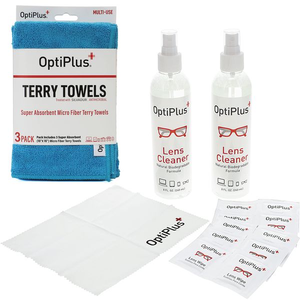 OptiPlus 16oz All Natural Lens and Screen Cleaning Pack, Lens Wipes, Microfiber Cloth and 16 x 16 Microfiber Terry Towel 3 Pack (Blue)