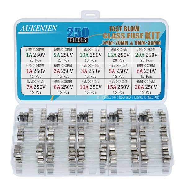 AUKENIEN 15 Values 250pcs Fast Blow Glass Fuses Assortment Kit 5x20mm 1A 5A 10A 15A 20A 250V 6x30mm 1A 2A 3A 5A 6A 7A 8A 10A 15A 20A 250 Volt Quick Blow Round Glass Tube Fuse Assorted Kit