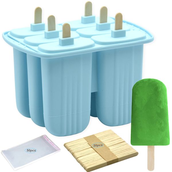 Bangp Popsicle Molds 6 Pieces,Silicone Ice Pop Molds BPA Free,Homemade Popsicle Maker,Reusable Easy Release Ice Pop Maker for Kids,with 50 Popsicle Sticks and 50 Popsicle Bags(Blue)