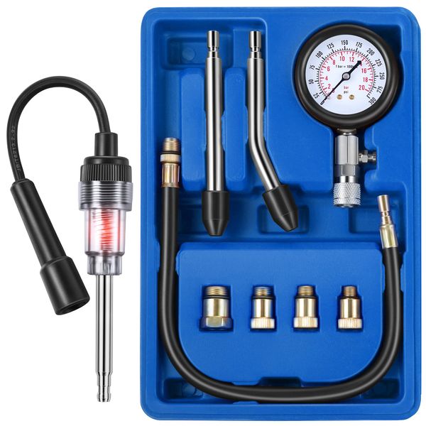 Fiada 9 Pieces Automotive Compression Tester Kit and Spark Plug Tester, Universal Car and Motorcycle Engine Testing Tools for Cylinder Pressure Gauge (Black)