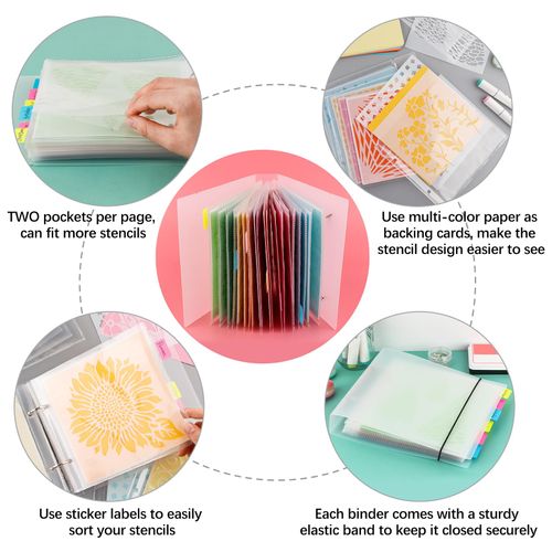 Cookie Stencil Storage Binder for Storage 6x6 Stencils,Die Cuts,DIY Scrapbooking,Clear Stamp,Storage Folder Organizer Include 1 Cover,50 Sleeve,50 Backing Paper and 10 Sheets Divider Tabs